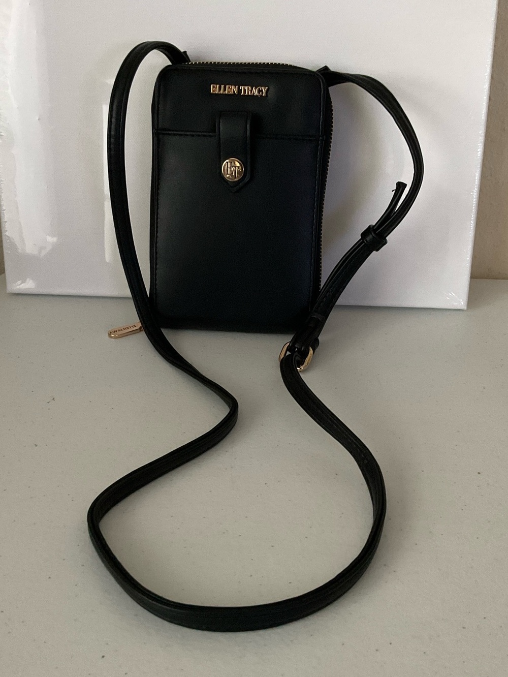 Ellen Tracy Black Crossbody Phone Pouch with Gold Hardware